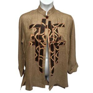 Cassowary Philadelphia XL 100% Linen Tan Embroidered Jacket Tunic Artsy Boho